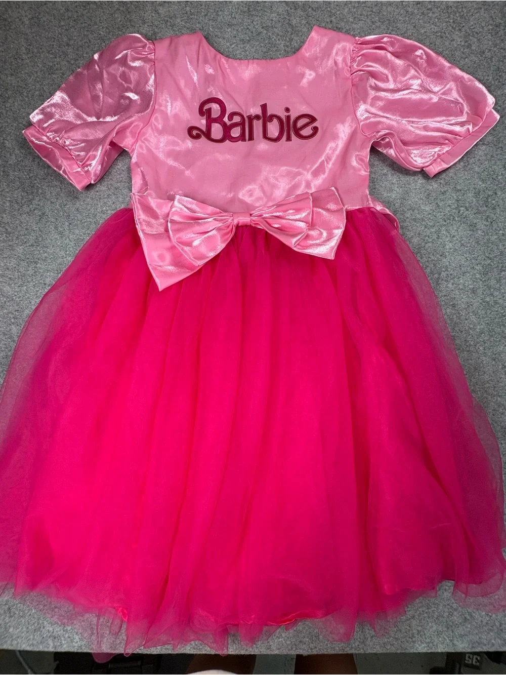 Tiny Girl Barbie Bow Tulle Party Dress Hot Pink Puff Sleeve Kids